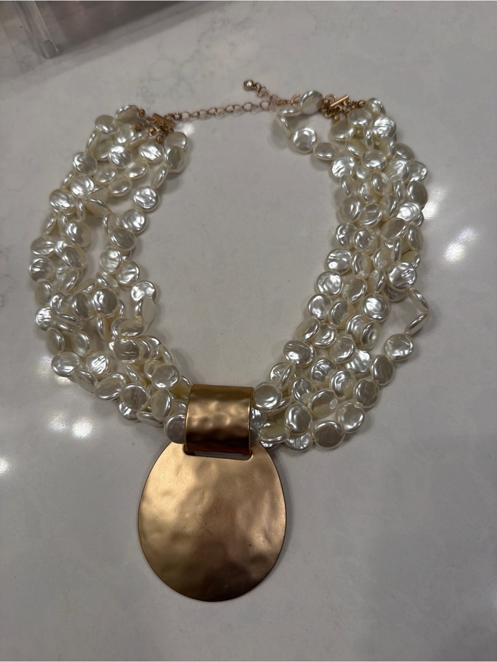 Multi-Strand Pearl Disc Statement Necklace in Cream and Gold